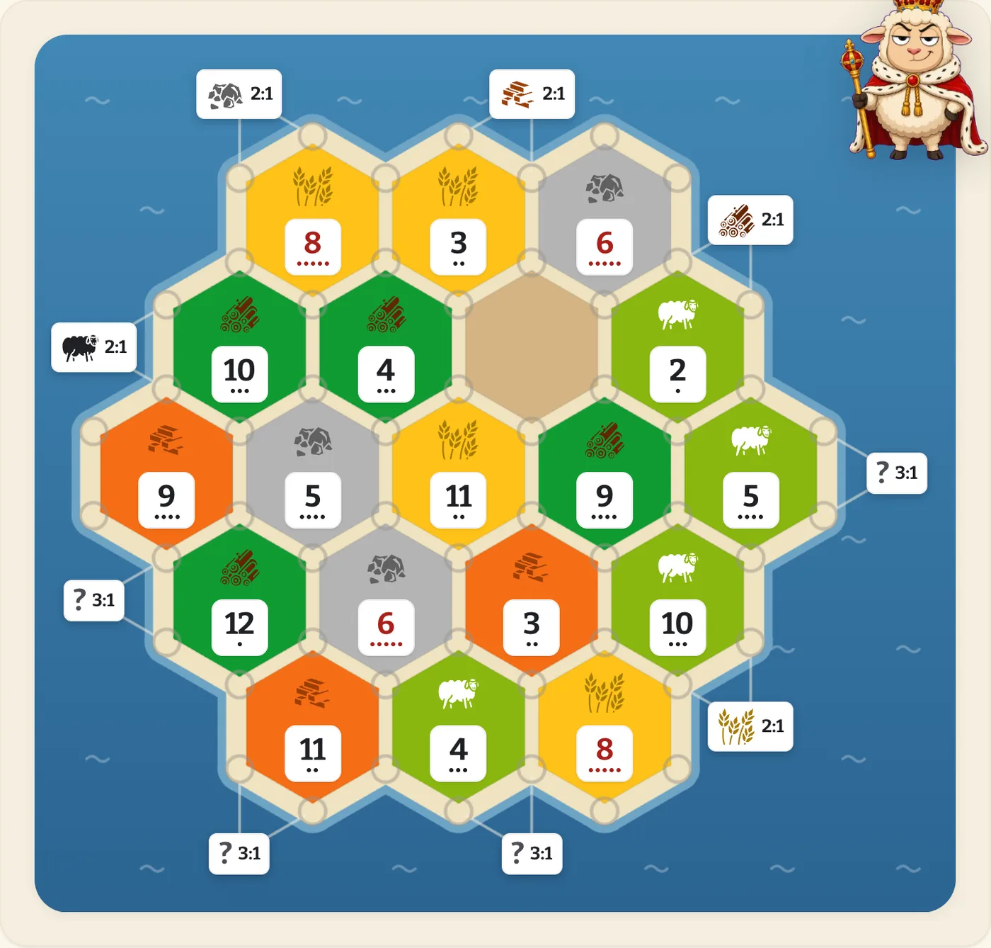 A fresh Catan board in Catan Trainer waiting for an opening settlement placement decision