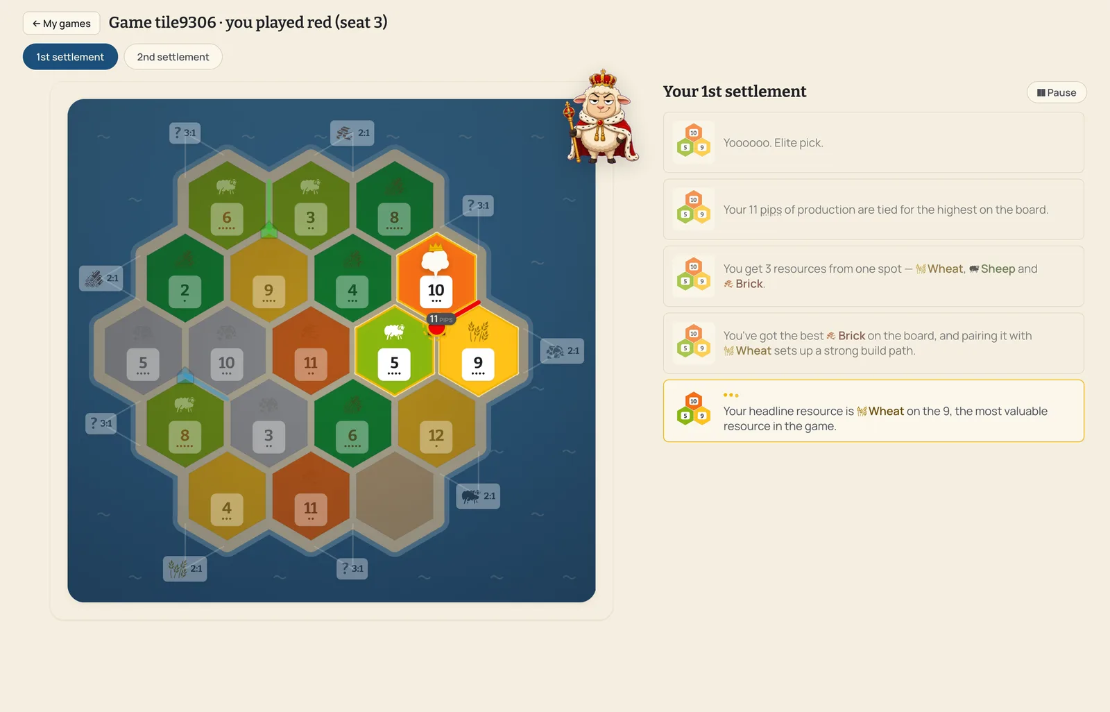 Catan Trainer reviewing a real imported Colonist game — the AI grades the player's first settlement as an elite pick