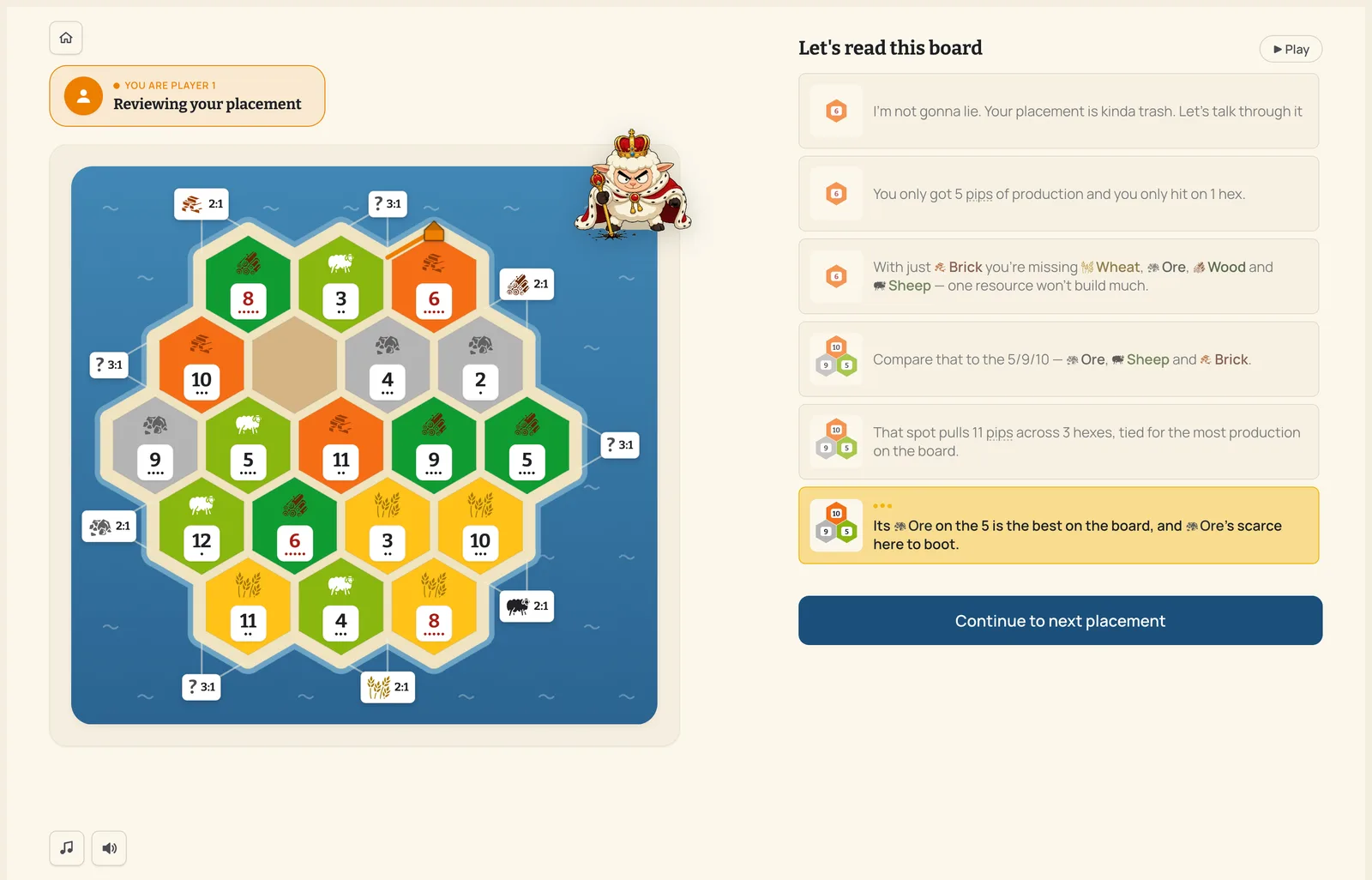 Catan Trainer calling out a bad opening placement: 'Your placement is kinda trash' — with the flaws itemized and the best spot revealed